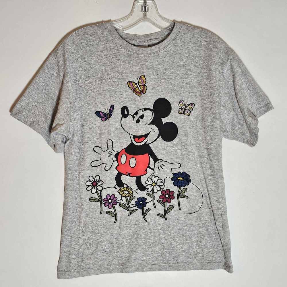 Disney Mickey Mouse Shirt Womens XS Embroidered Flowers Butterflies Tee